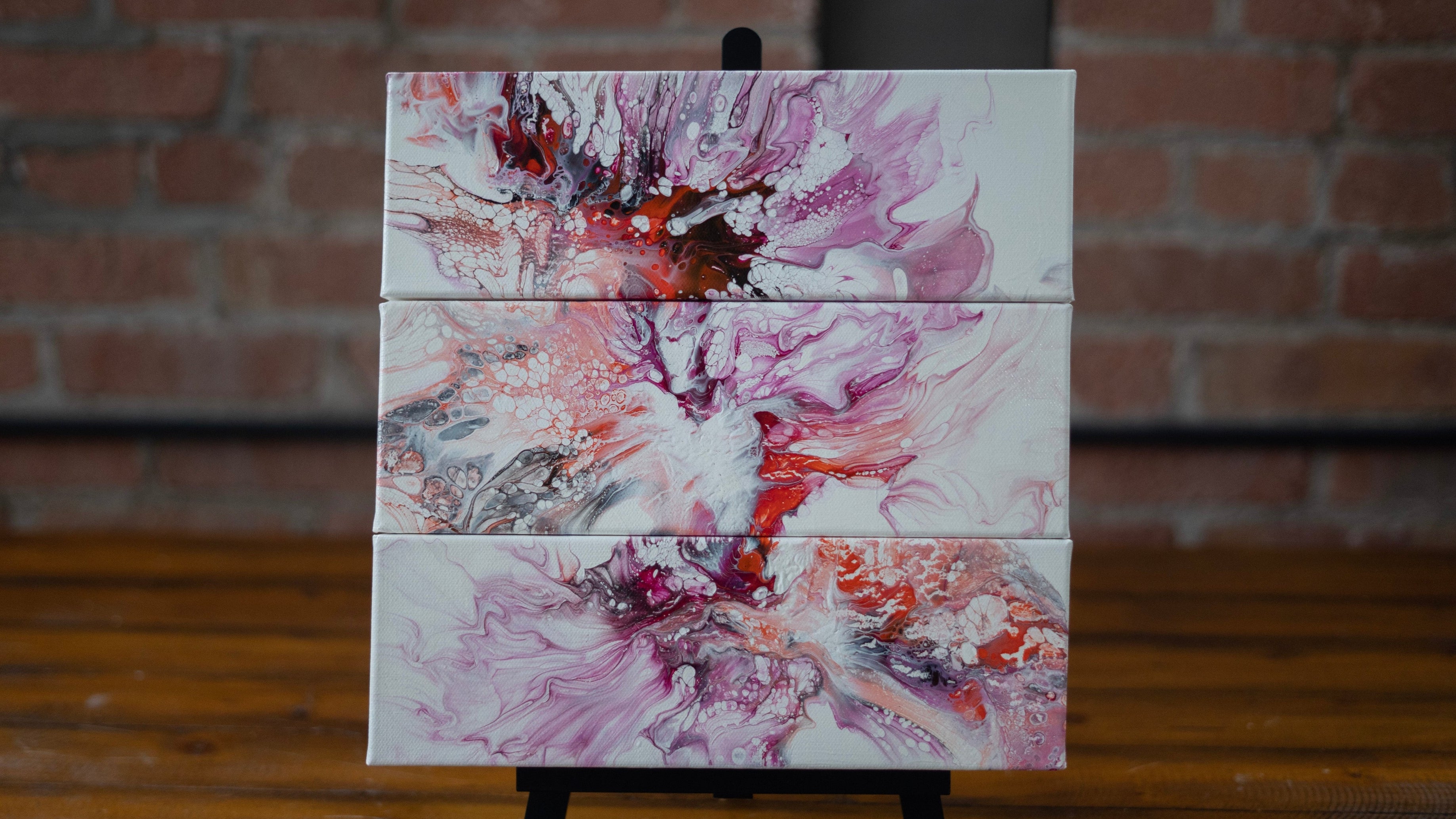 Floral Eruption: Handmade Acrylic Artwork 4” by 12” Canvas Set of 3