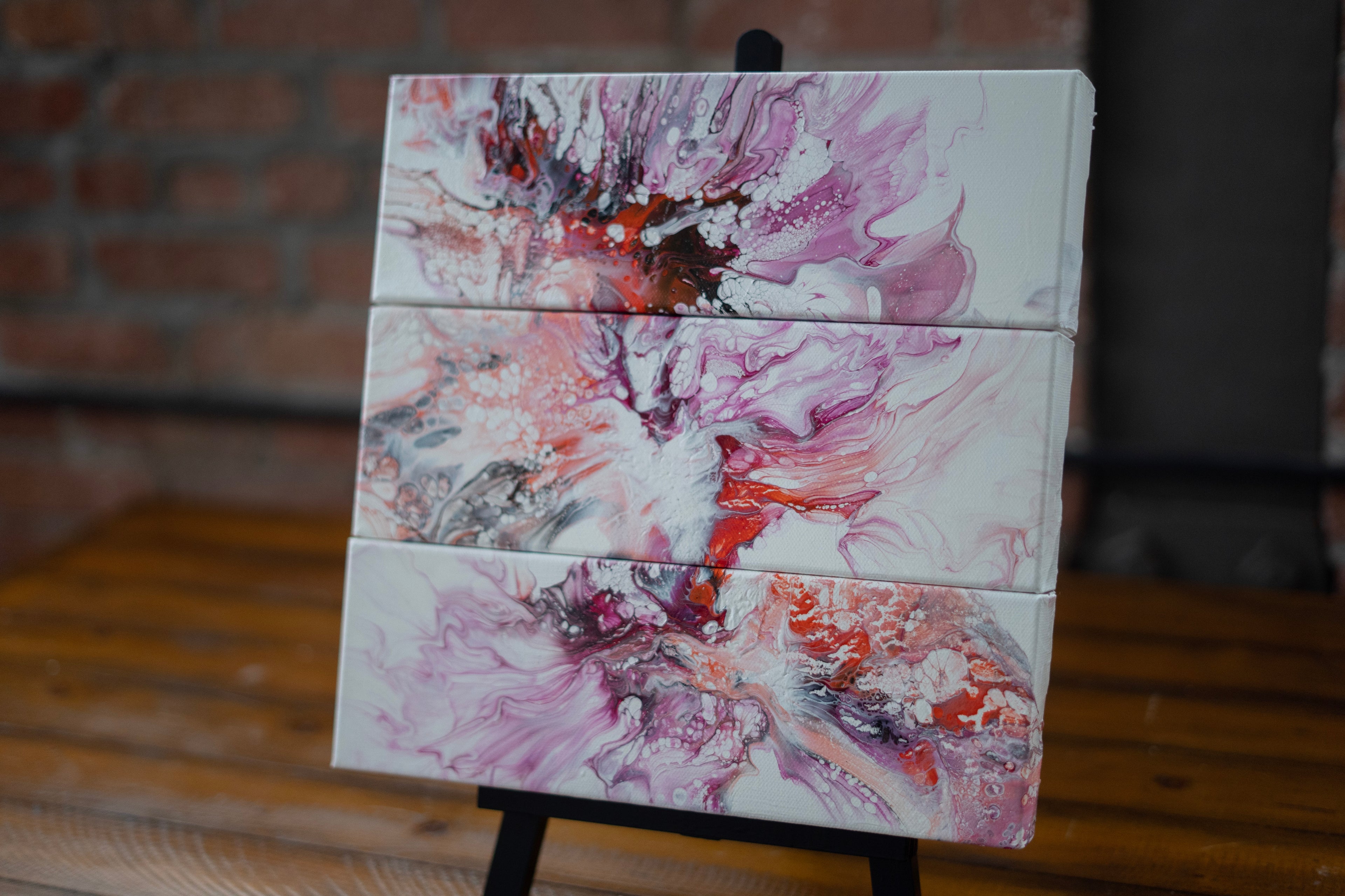 Floral Eruption: Hand Made Acrylic Artwork 4” by 12” Canvas Set of 3