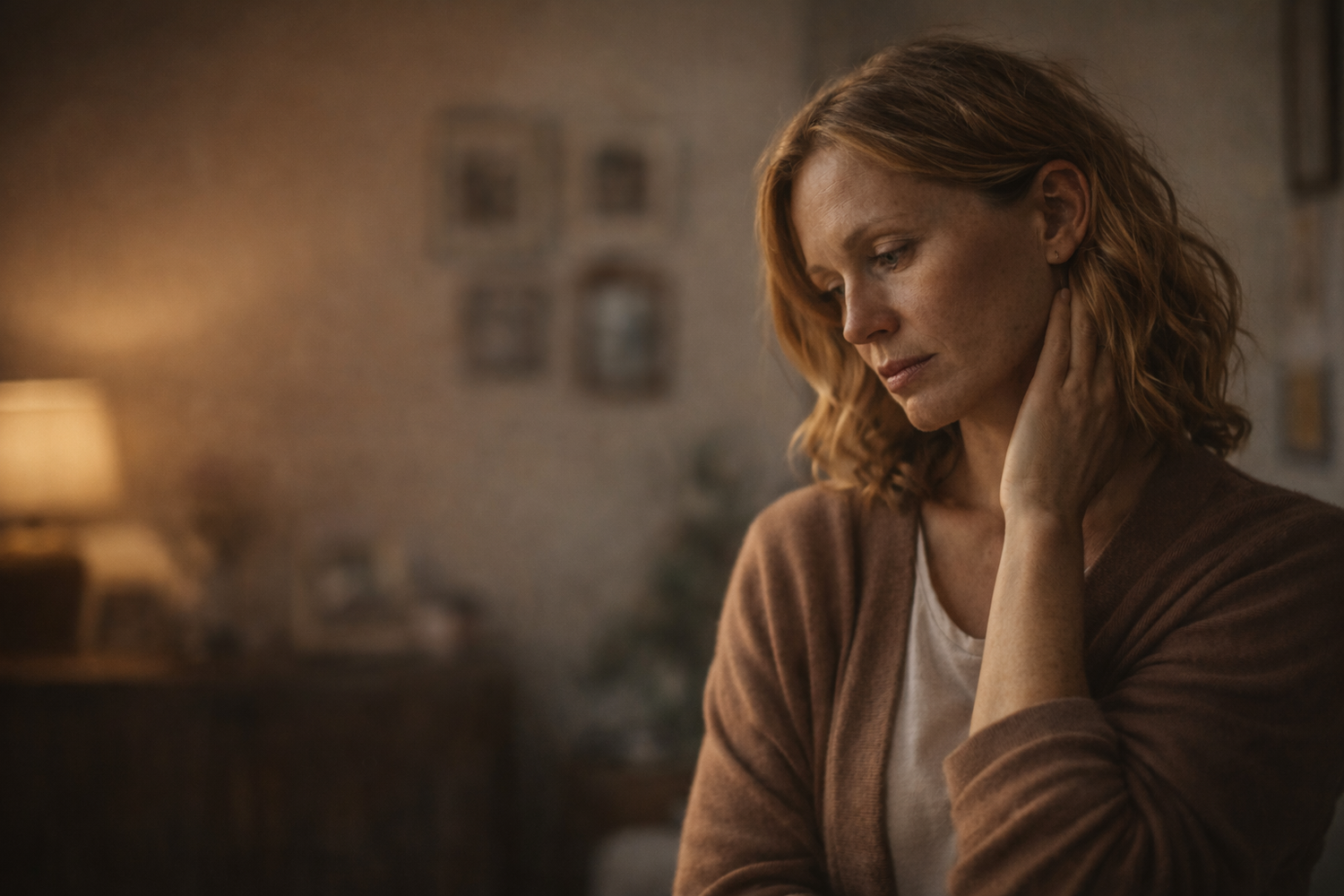 woman in living room contemplating feelings