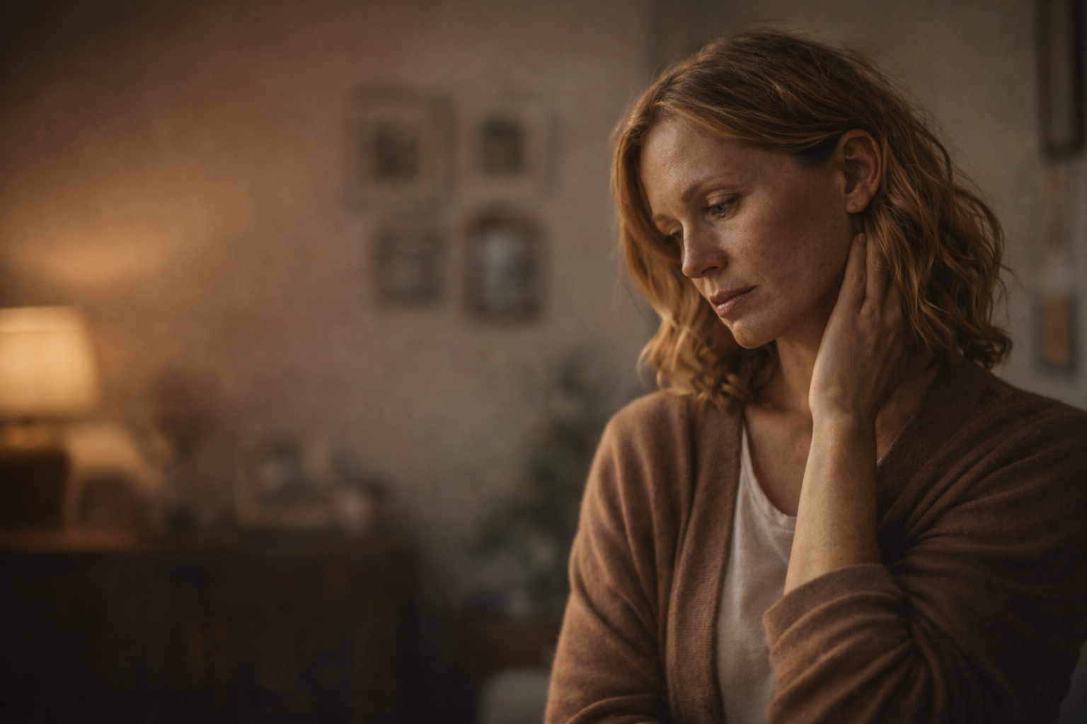 woman in living room contemplating feelings