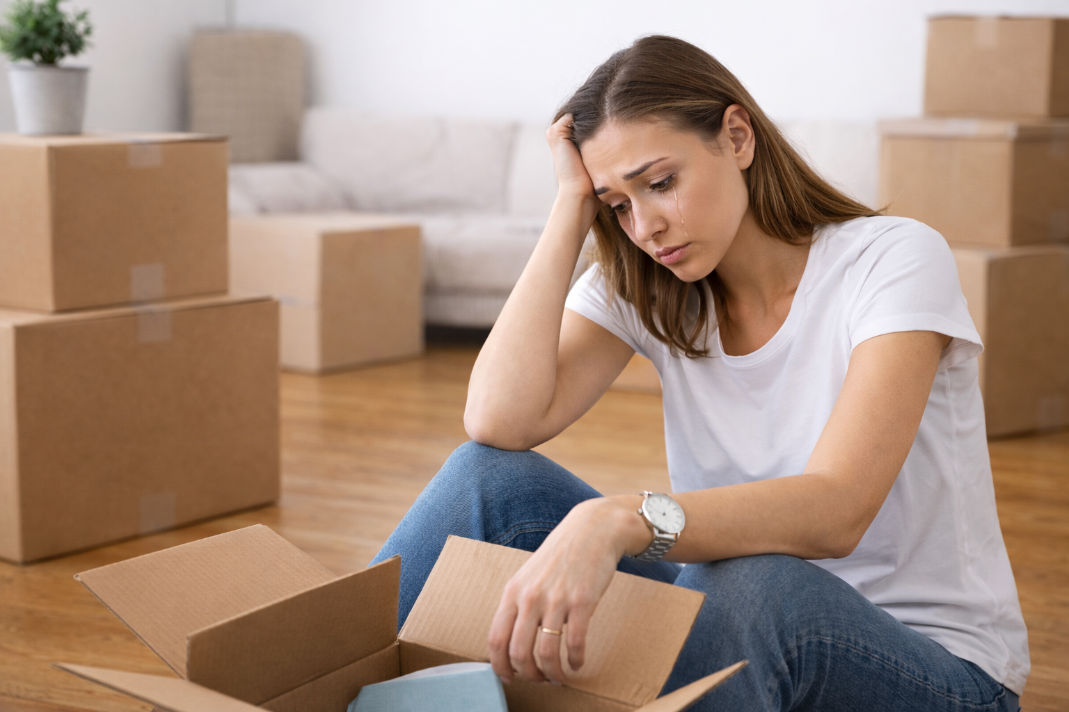 a woman sitting on the floor with moving boxes around her and she is upset