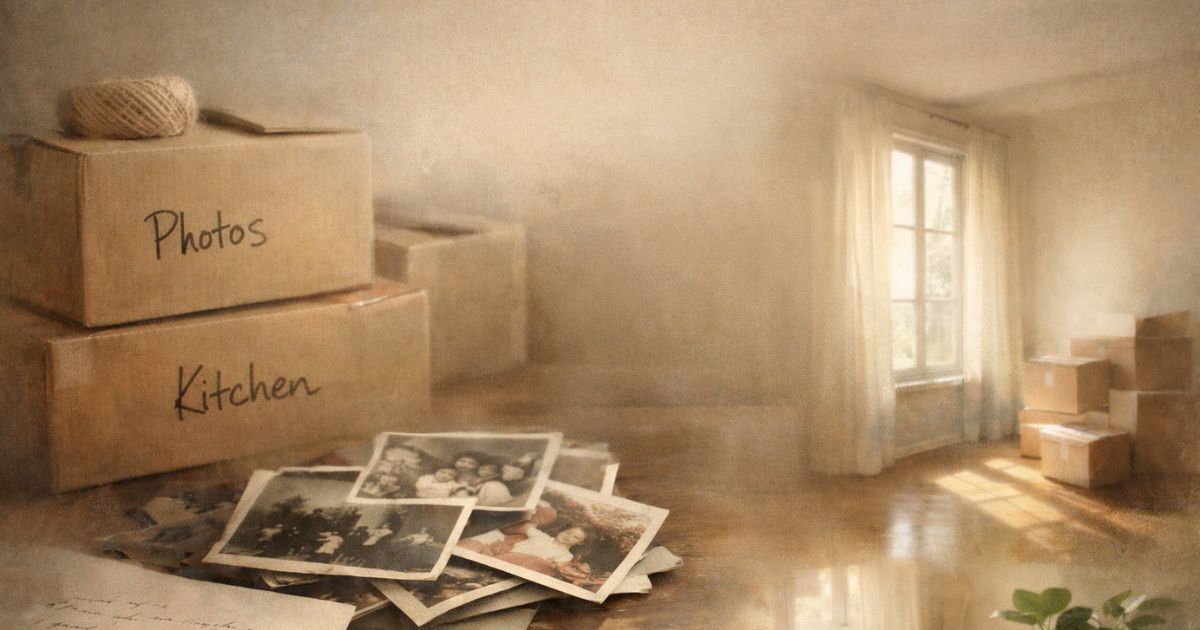 boxes with photos and kitchen written on them, old photos and a letter spread out