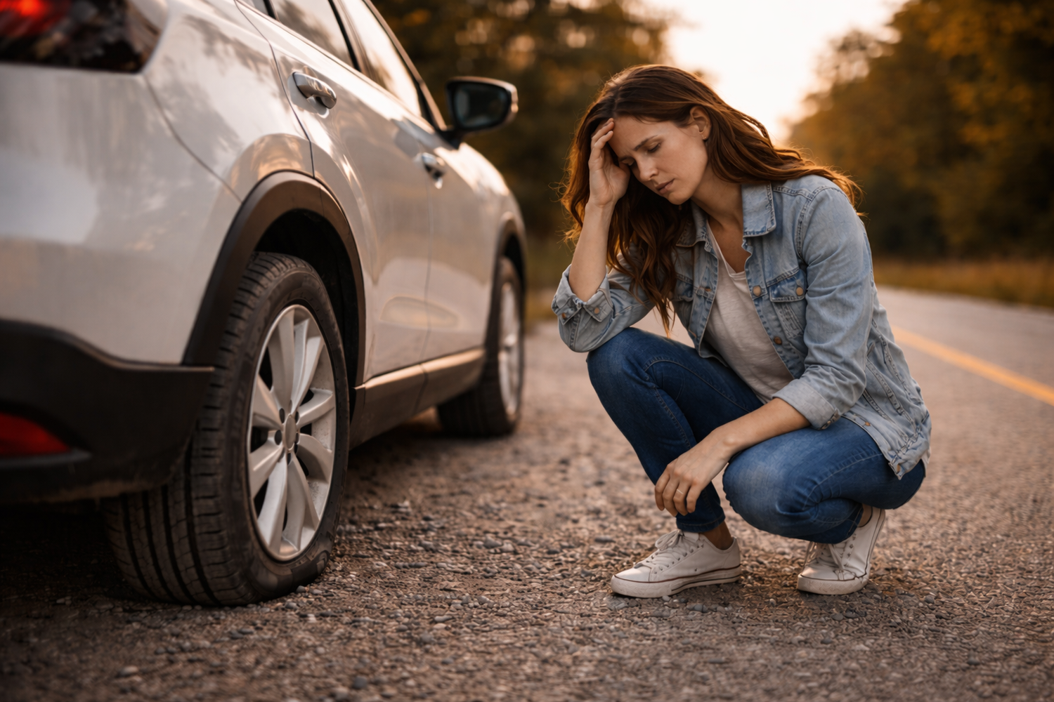 woman upset on side of road with flat tire