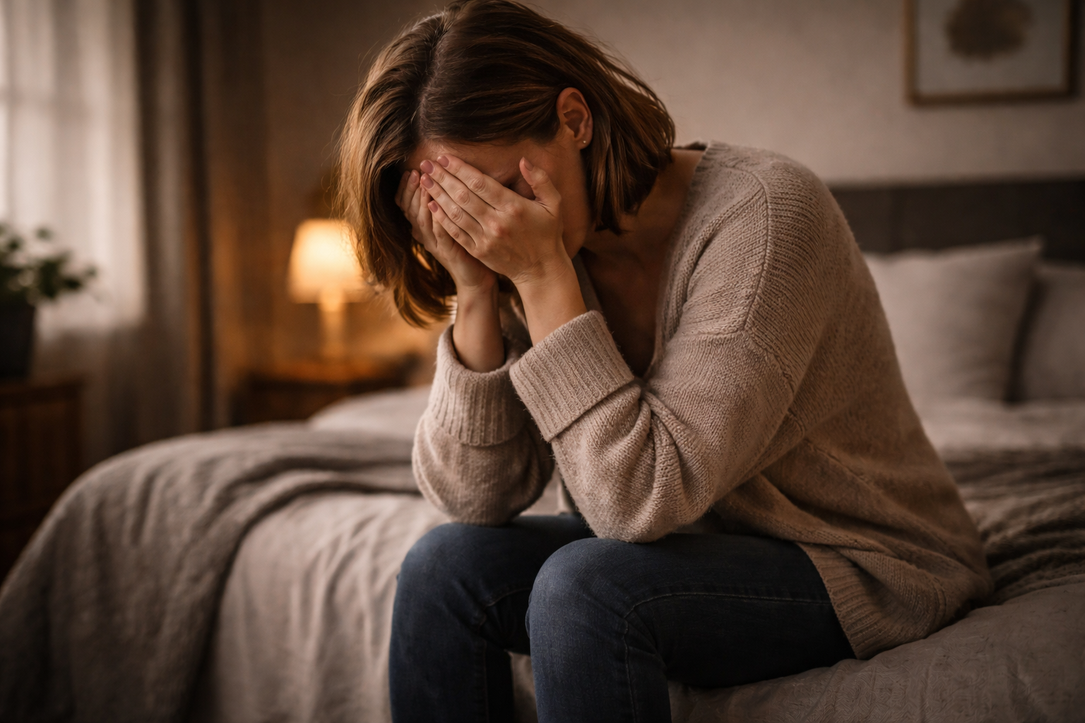woman crying alone on bed