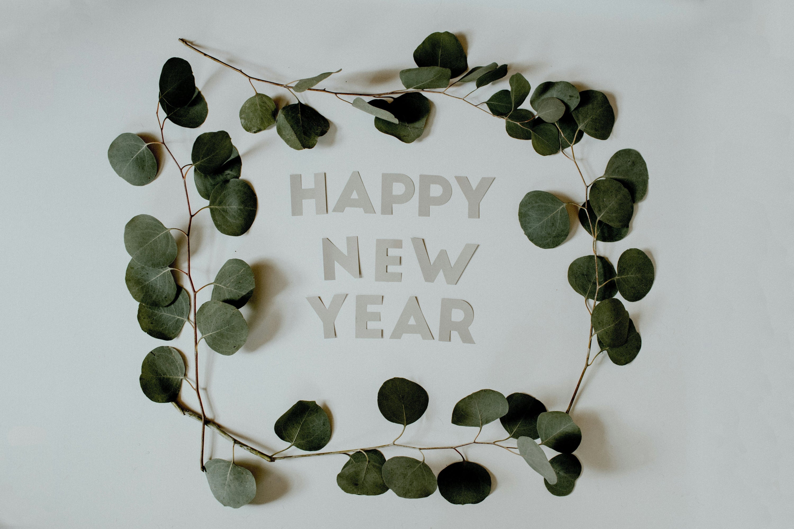 the words happy new year with Eucalyptus leaves