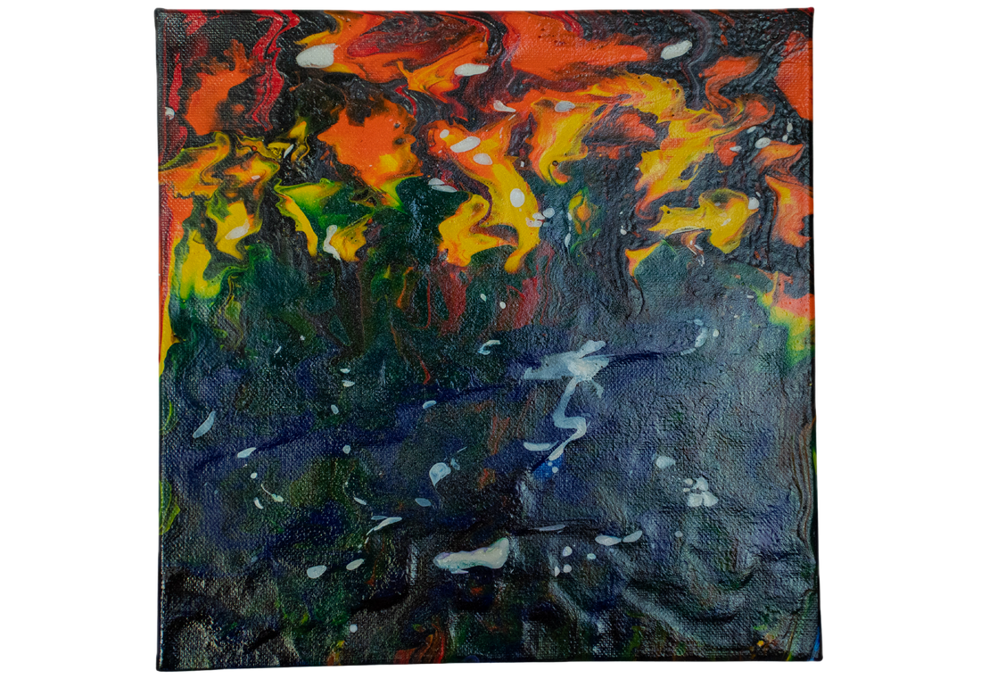Firelit Canopy: Handmade Acrylic Artwork  Canvas: 10”x10”