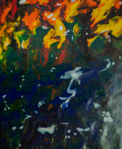 Firelit Canopy: Handmade Acrylic Artwork  Canvas: 10”x10”