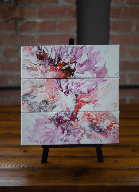 Floral Eruption: Hand Made Acrylic Artwork 4” by 12” Canvas Set of 3