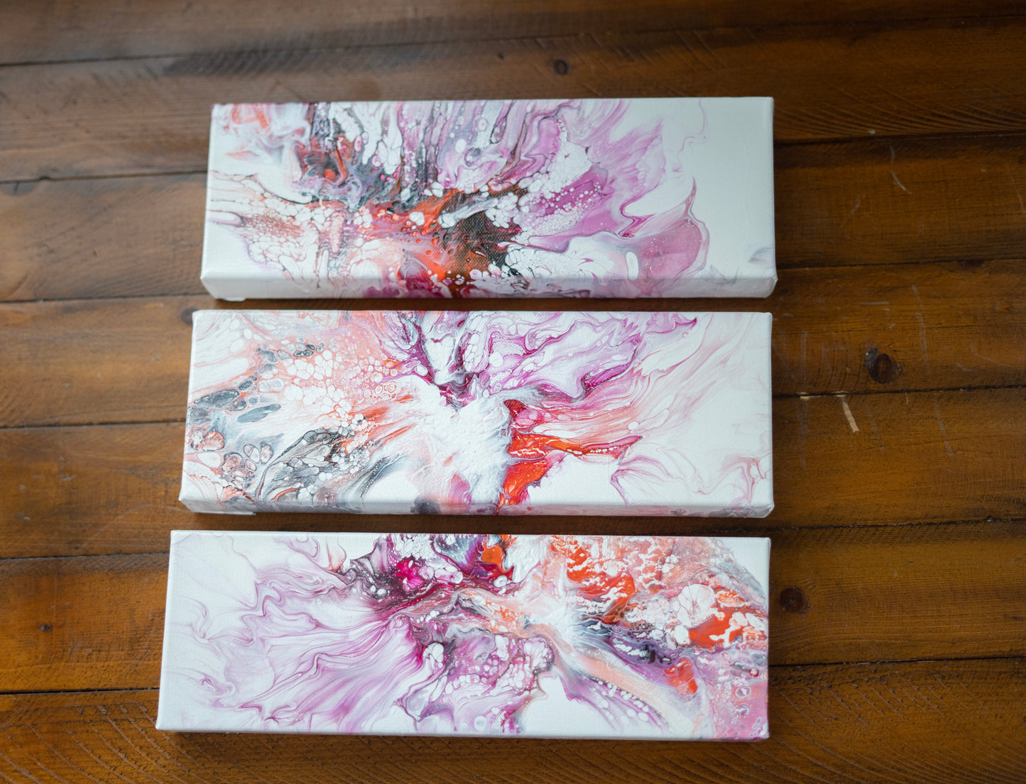 Floral Eruption: Hand Made Acrylic Artwork 4” by 12” Canvas Set of 3