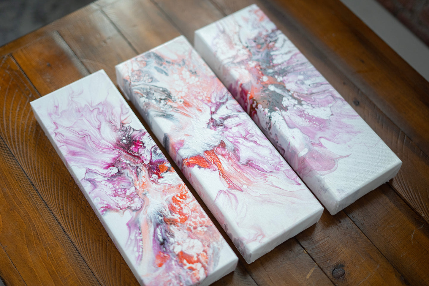 Floral Eruption: Hand Made Acrylic Artwork 4” by 12” Canvas Set of 3