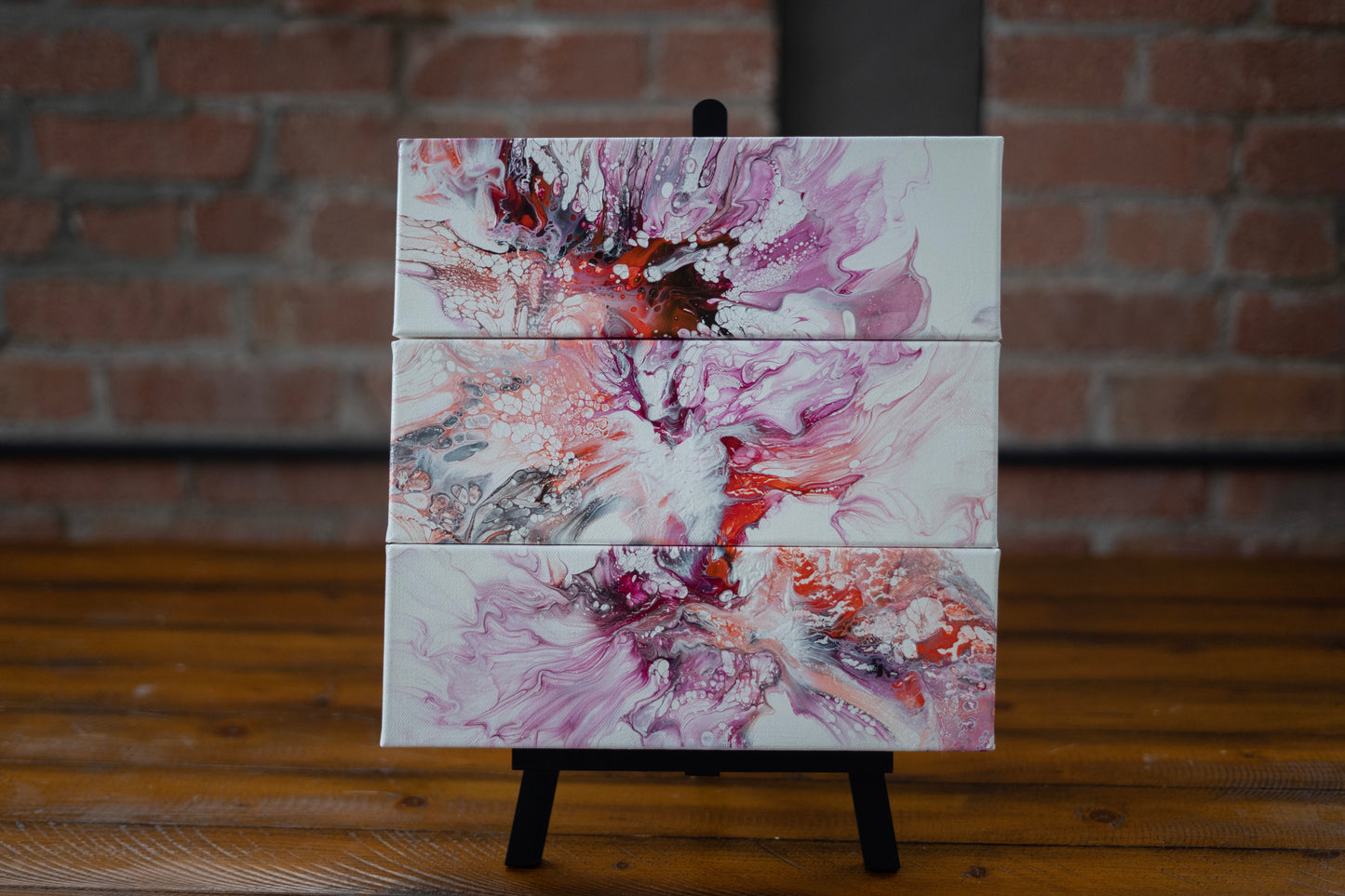 Floral Eruption: Hand Made Acrylic Artwork 4” by 12” Canvas Set of 3